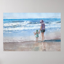 Mum and Child Seaside Waves Watercolor