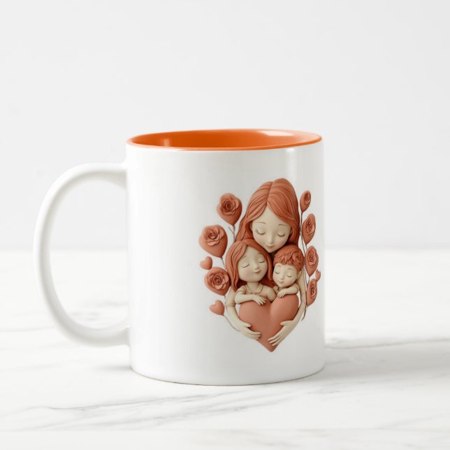 Mum and Children - 3d Ceramic Art Two-Tone Coffee Mug (Left)