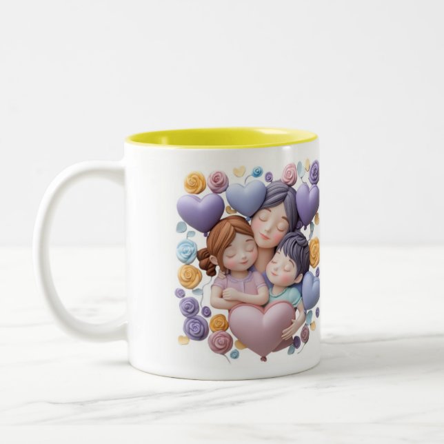 Mum and Chilren - 3D Ceramic Art Pastel Two-Tone Coffee Mug (Left)