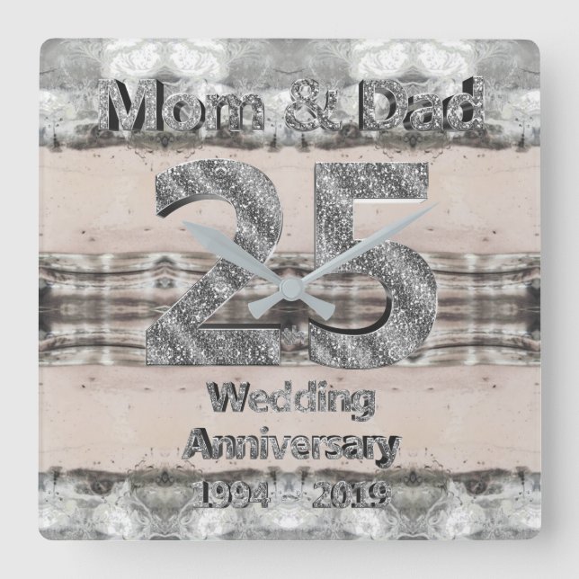 Mum and Dad 25th Silver Wedding Anniversary 2019 Square Wall Clock (Front)