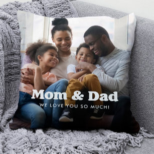 Mum and Dad   Boho Text Overlay with Two Photos Cushion