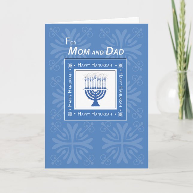 Mum and Dad Hanukkah Wishes Blue Menorah Holiday Card (Front)