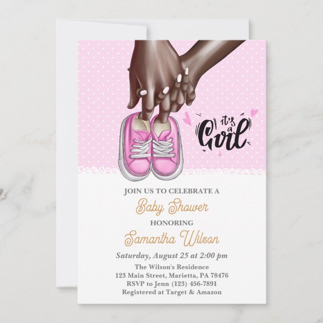 Mum and Dad Holding Pink Girl Shoes Baby Shower Invitation (Front)
