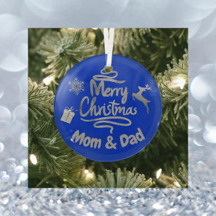 Mum and Dad Merry Christmas Silver on Blue Glass Tree Decoration