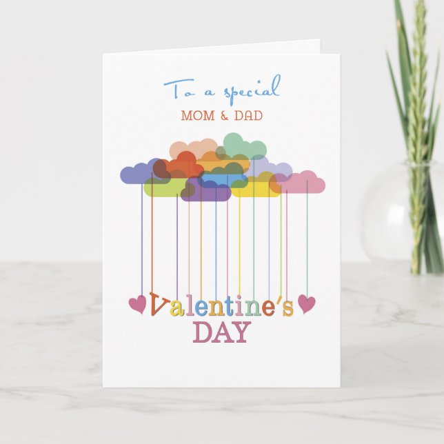 Mum and Dad Valentine Rainbow Clouds and Hearts Holiday Card (Front)