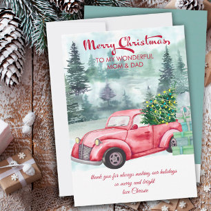 Mum and Dad Vintage Red Truck and Christmas Tree Holiday Card