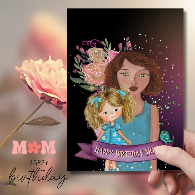 Mum and Daughter Illustration floral Birthday Card (Mom and Daughter Illustration floral Birthday Card)