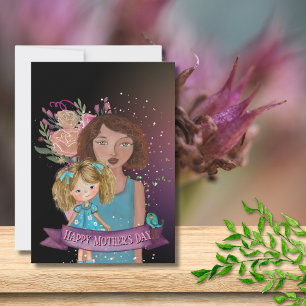 Mum and Daughter Illustration with Flowers Holiday Card