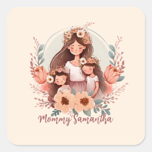Mum and Daughters with Floral Background Square Sticker