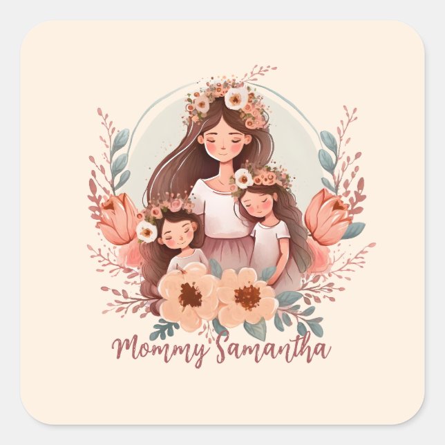 Mum and Daughters with Floral Background Square Sticker (Front)