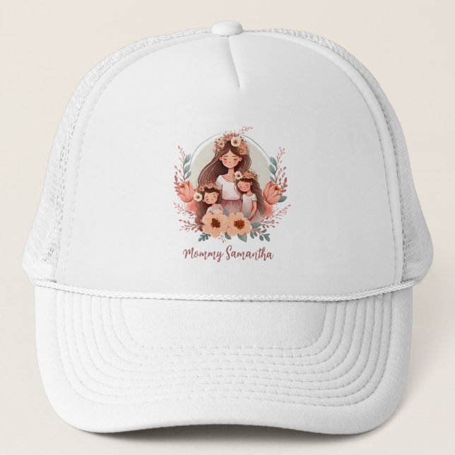 Mum and Daughters with Floral Background Trucker Hat (Front)