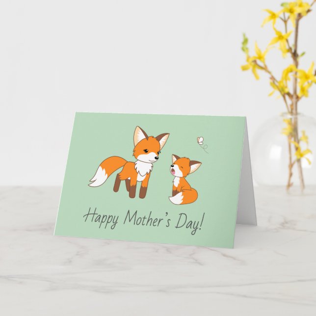 Mum and Kit Fox Mother’s Day Green Blank Card (Yellow Flower)