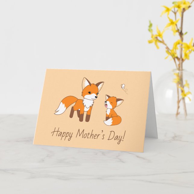 Mum and Kit Fox Mother’s Day Peach Blank Card (Yellow Flower)