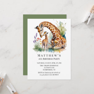 Mum and Me Watercolor Giraffe 1st. Birthday Party Invitation