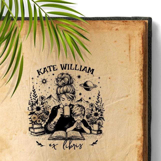 Mum and son with book Custom ex libris Self-inking Stamp (Creator Uploaded)