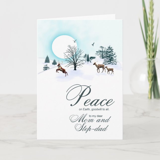 Mum and step-dad, Christmas scene with reindeer Holiday Card (Front)