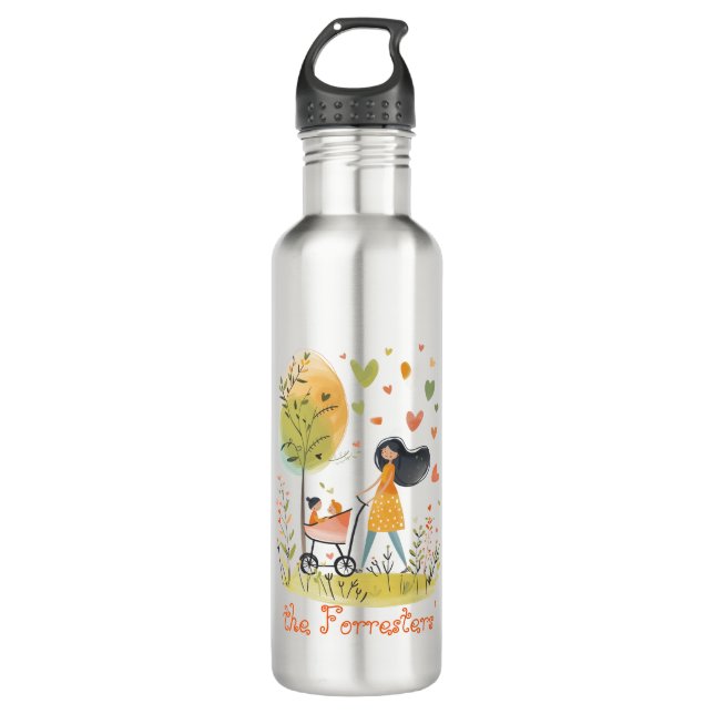 Mum and Twins on Stroller 710 Ml Water Bottle (Front)