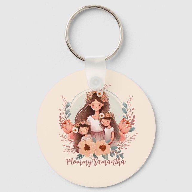 Mum and Two Daughters in Floral Frame Key Ring (Front)
