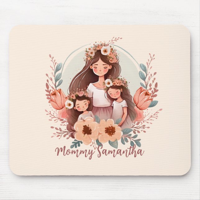 Mum and Two Daughters in Floral Frame Mouse Pad (Front)