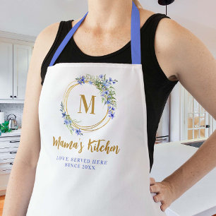 Mum Apron Blue Meadow Wildflowers Gold Monogram