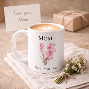 Mum August Birth Flower with Kids Names Coffee Mug