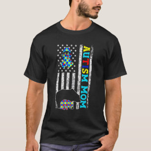 Mum Autism Awareness American Flag Bear Puzzle Fam T-Shirt