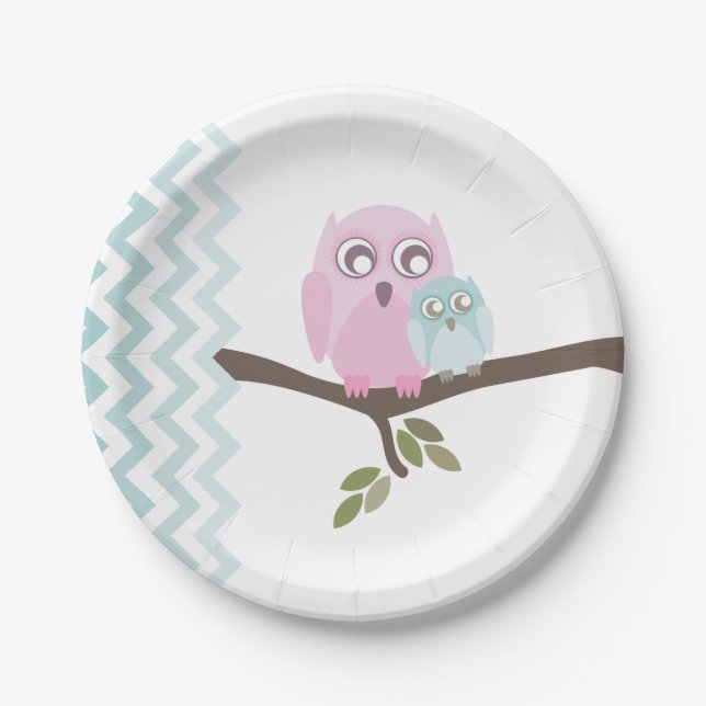 Mum + Baby Boy Owl Baby Shower Paper Plate (Front)