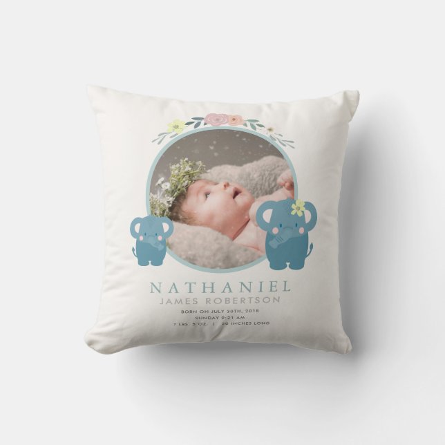 Mum & Baby Elephant Blue Photo Baby Stats Cushion (Front)