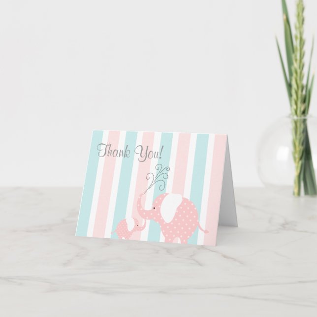 Mum & Baby Elephant Thank You Card- Pink & Aqua (Front)