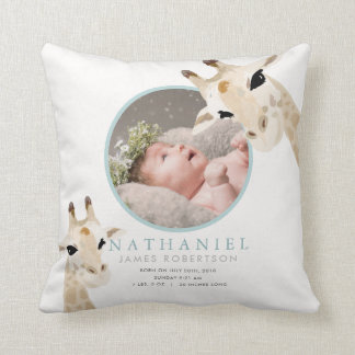 Mum & Baby Giraffe Blue Photo Baby Stats Cushion