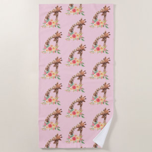Mum & baby Giraffe Pair Cute Watercolor Pattern Beach Towel