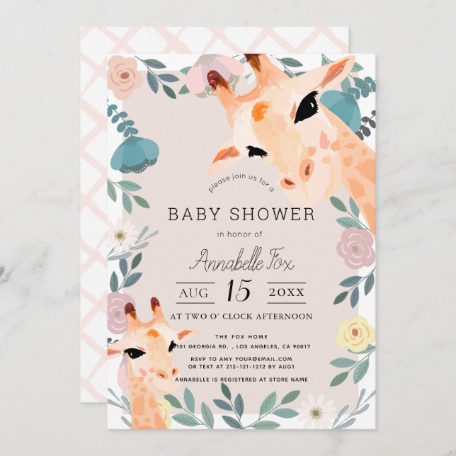 Mum & Baby Giraffe Pink Floral Baby Shower Invitation (Front/Back)
