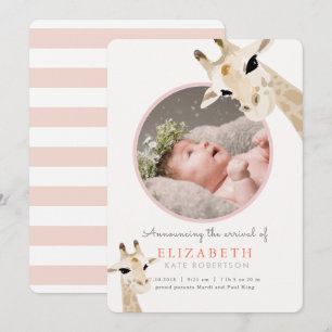 Mum & Baby Giraffe Pink Photo Birth Announcement