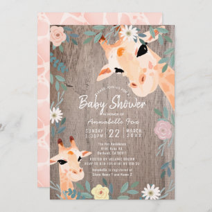 Mum & Baby Giraffe Rustic Wood Floral Baby Shower Invitation
