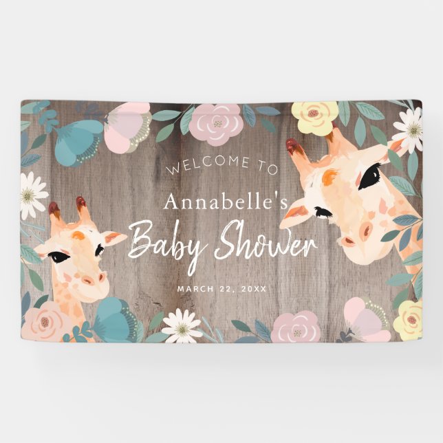 Mum & Baby Giraffe Wood Floral Baby Shower Welcome Banner (Horizontal)