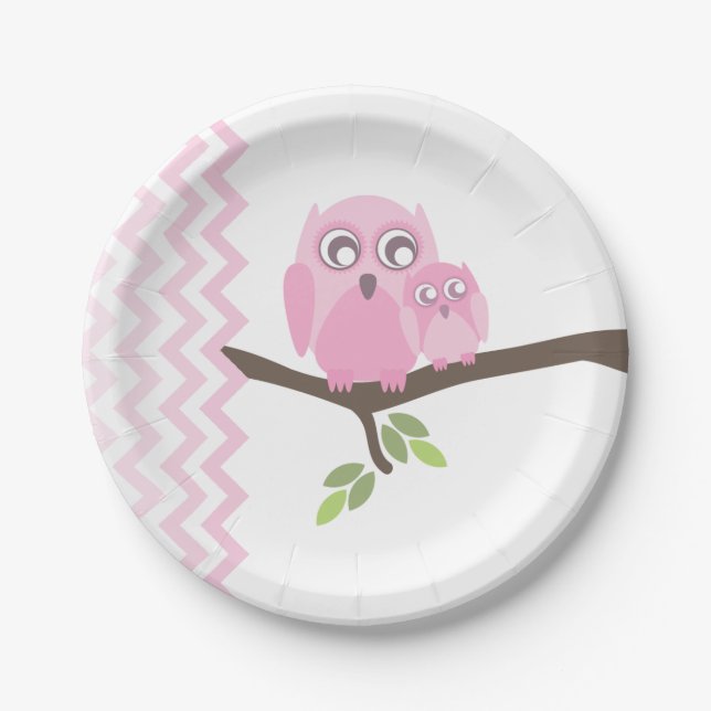 Mum + Baby Girl Owl Baby Shower Paper Plate (Front)
