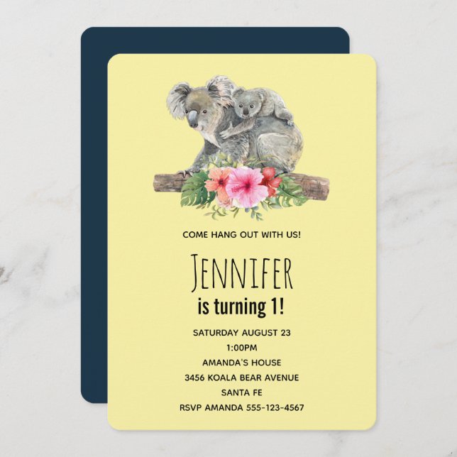Mum & Baby Koala Bears Cute Watercolor Birthday Invitation (Front/Back)