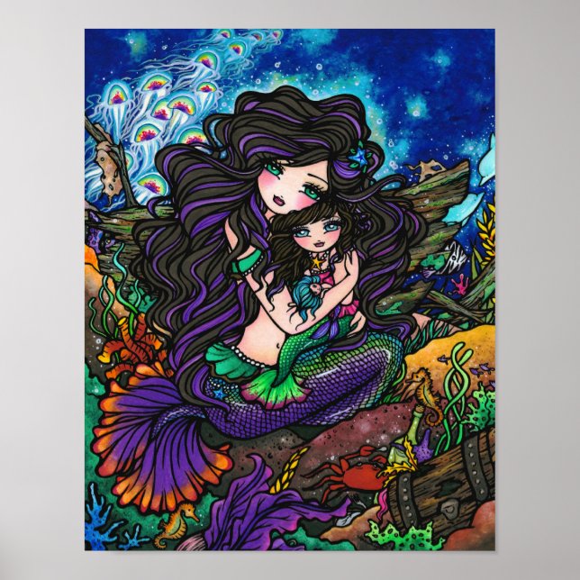 Mum & Baby Mermaid Fantasy Marine Art Hannah Lynn Poster (Front)