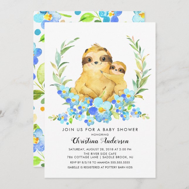 Mum & Baby Sloth Baby Shower Invitation (Front/Back)