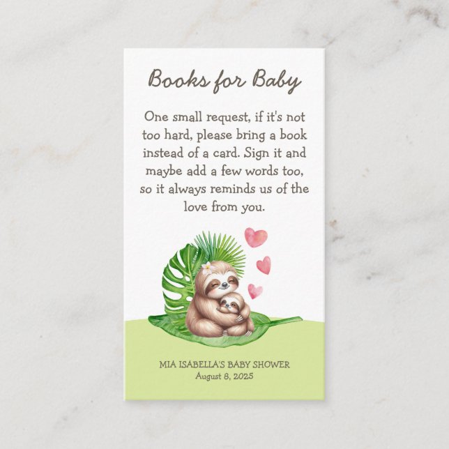 Mum & Baby Sloth - Books For Baby - Shower Card (Front)