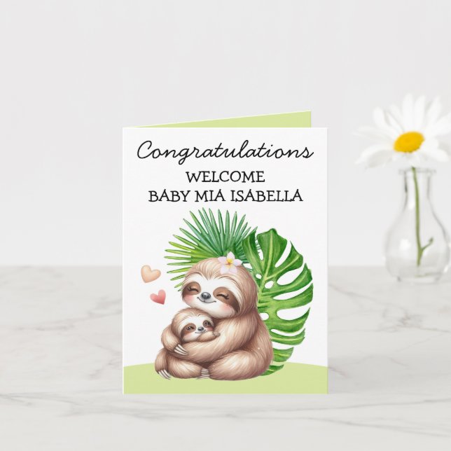 Mum & Baby Sloth Welcome Folded Greeting Card (Small Plant)