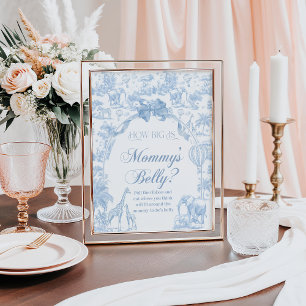 Mum Belly Blue Toile Safari Animal Baby Shower Poster