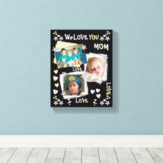 Mum black and lilac flowers and hearts with photos canvas print (Insitu(Wood Floor))