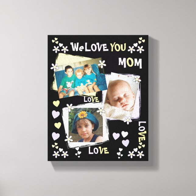 Mum black and lilac flowers and hearts with photos canvas print (Front)