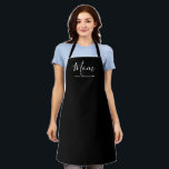 Mum black modern custom script with kids names apron<br><div class="desc">Mum personalised custom text cute chic modern kitchen Apron.
Great gift for Mother's Day with custom kids names.
you can customise the bottom text with the names of your family members,  children,  kids,  etc
Fully customisable white text on black background. All colours are editable.</div>