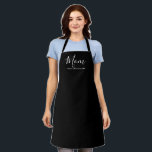Mum black modern custom script with kids names apron<br><div class="desc">Mum personalised custom text cute chic modern kitchen Apron.
Great gift for Mother's Day with custom kids names.
you can customise the bottom text with the names of your family members,  children,  kids,  etc
Fully customisable white text on black background. All colours are editable.</div>