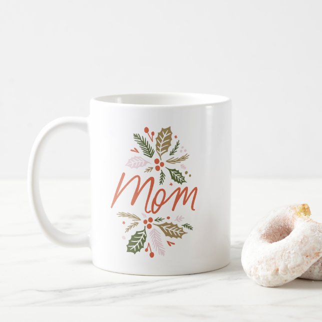 Mum Bright Holly Christmas Red Script Coffee Mug (With Donut)