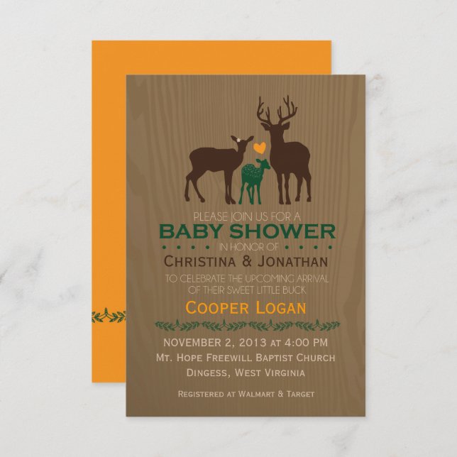 Mum, Dad & Baby Boy Deer - Orange Shower Invite (Front/Back)