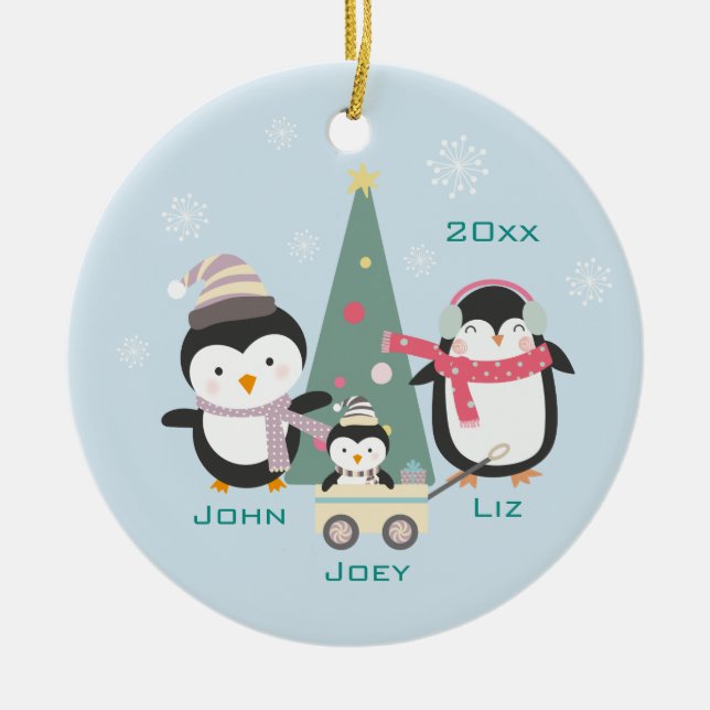 Mum, Dad & Child Penguins Ceramic Tree Decoration (Front)