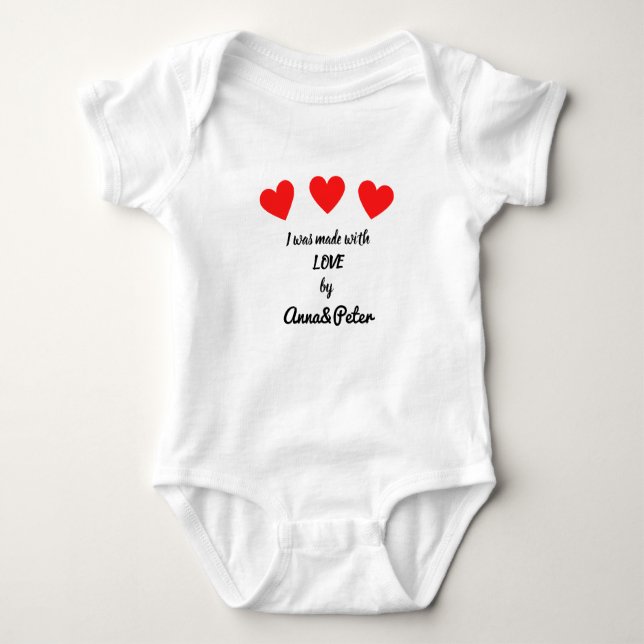 Mum & Dad custom name Made with love three hearts Baby Bodysuit (Front)